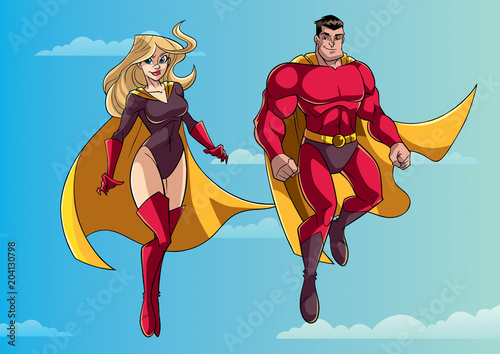 Illustration of happy and smiling superhero couple, flying high in the sky. 