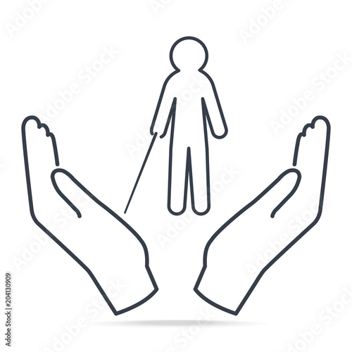 Blind man with stick in hands icon, simple line illustration. Protect and care people concept