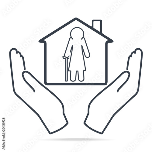 Elderly woman and home in hands icon, simple line style. Nursing home sign icon