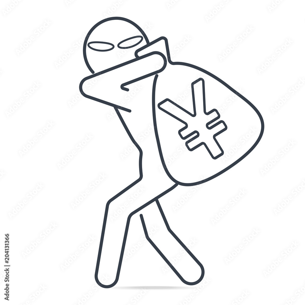 Thief stealing money and Yen or Yuan CNY sign icon. Simple line illustration. Thief stealing money and Yen or Yuan CNY sign icon. Simple line illustration.