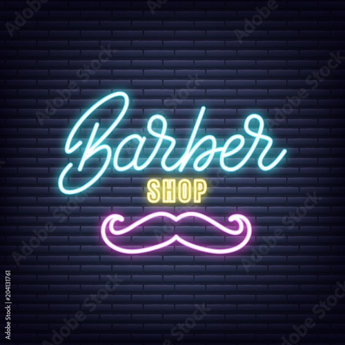 Barber. Barber shop neon sign. Neon glowing signboard banner design