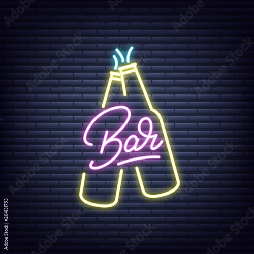 Bar. Bar neon sign. Neon glowing signboard banner design
