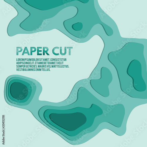Art paper cut of topographic map. Pleasant colors of blue tone. Origami modern design. Vector illustration
