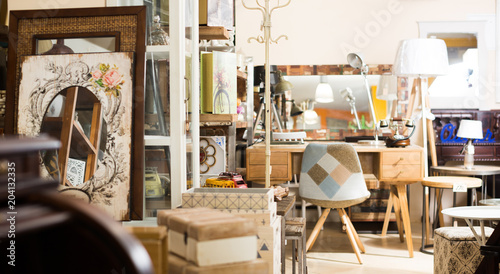 Vintage furniture and home design objects in shop