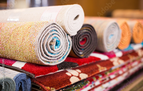 Fotografie Traditional  colorful carpets in carpet shop, nobody