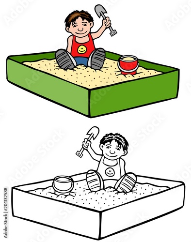 Kid in a sandbox.  Outdoor fun with simple toys.  Comes with bonus black outline version.