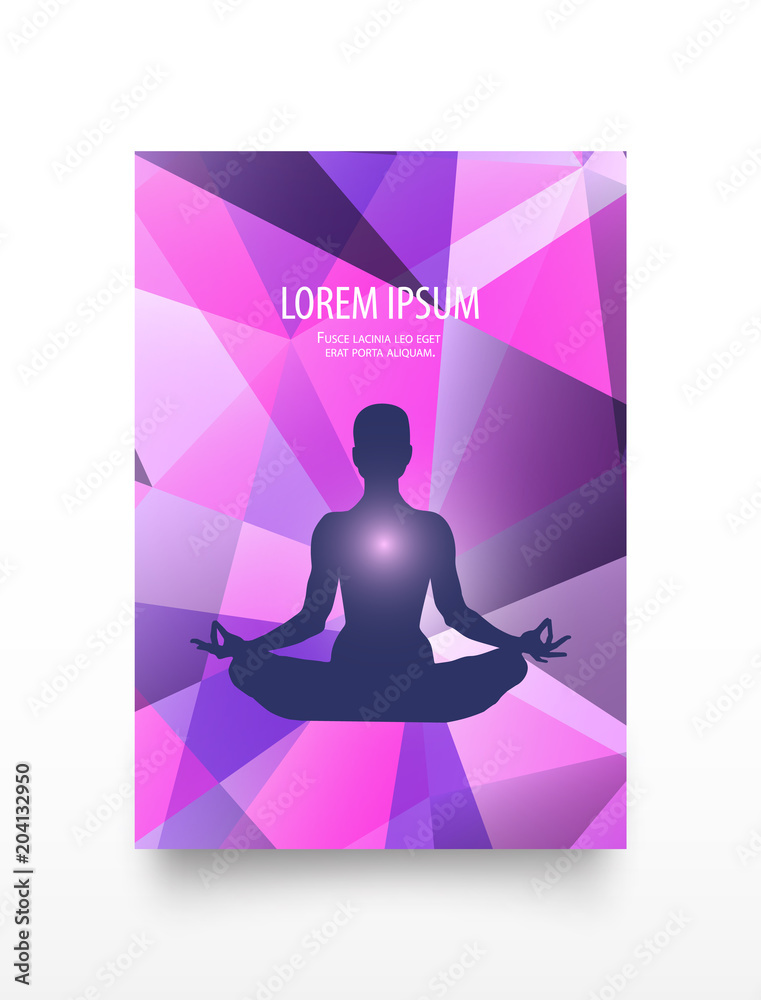 Human or female body in yoga lotus asana on neon purple colorful bright modern geometric abstract background. Flyer or card in trendy colors in low poly style. Conceptual Vector illustration eps10