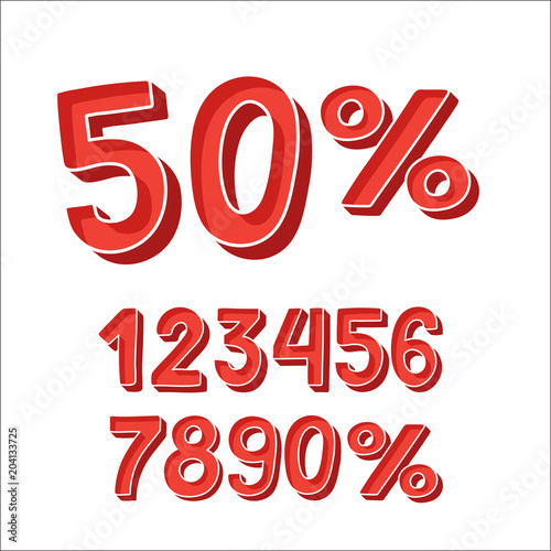 Cartoon Comic Art numbers and percent  red text sign on white background. Vector set for Sale and discount price sign or icon. Shopping and low price symbol.
