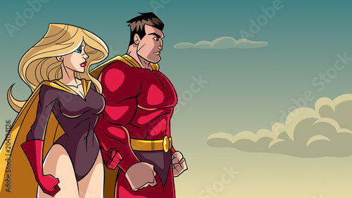 Cartoon Illustration of determined superhero and superheroine, standing side by side and looking in one direction.  