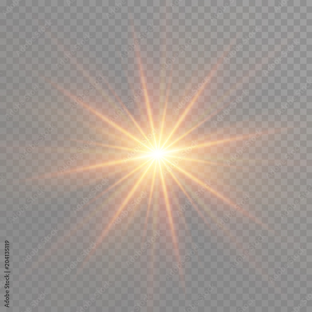 Yellow glowing light burst explosion on transparent background. Vector illustration light effect decoration with ray. Bright star. Translucent shine sun, bright flare.