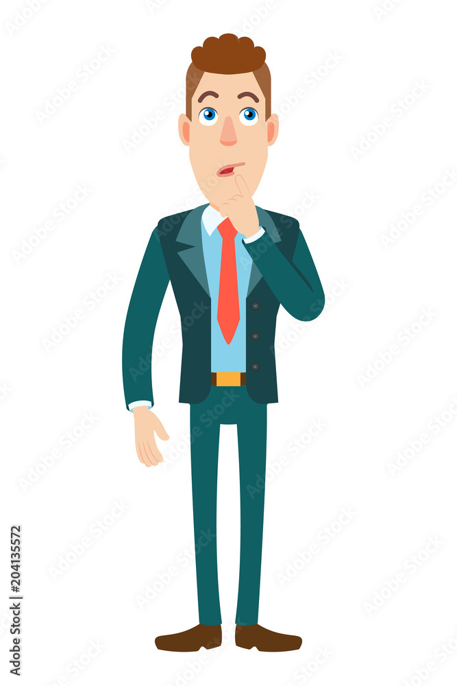 Thoughtful Businessman standing with his finger to his lips Thoughtful Businessman standing with his finger to his lips