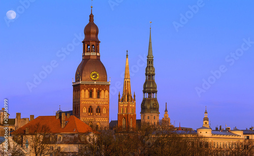 Medieval churches in historical center of old Riga - the capital of Latvia .