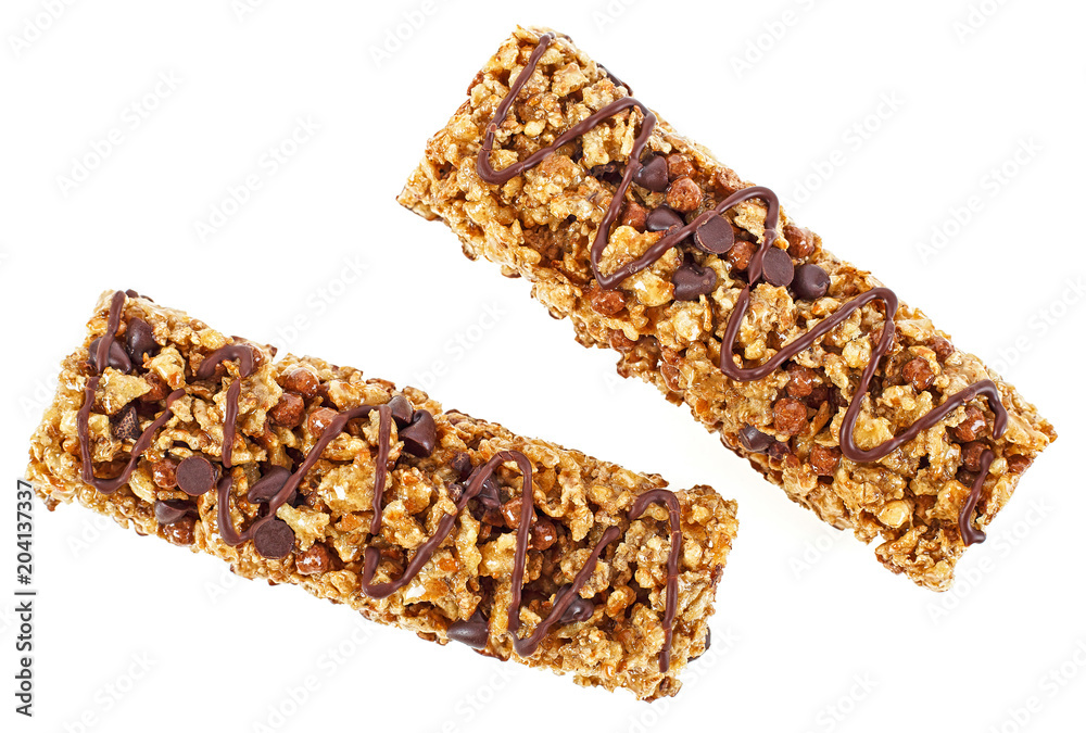 Two granola bars with cereals and chocolate isolated on white background Two granola bars with cereals and chocolate isolated on white background