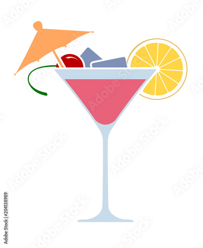 Wine glass of martini cocktail in very bright color tones. Flat icon for Your design.