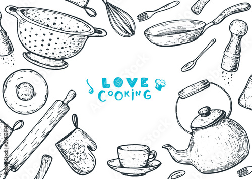 Kitchen utensils hand drawn vector illustration. Cooking time sketch collection. Different kitchen utensils set.