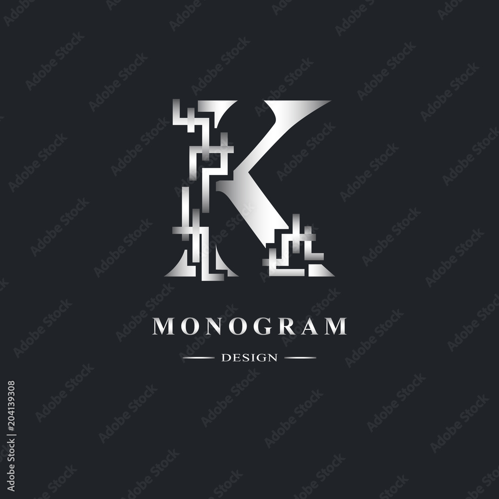 Abstract Capital letter K. Graceful Linear style. Geometric Strict design. Beautiful logo. Silver emblem for book design, brand name, business card, Restaurant, Boutique, Hotel. Vector illustration Abstract Capital letter K. Graceful Linear style. Geometric Strict design. Beautiful logo. Silver emblem for book design, brand name, business card, Restaurant, Boutique, Hotel. Vector illustration