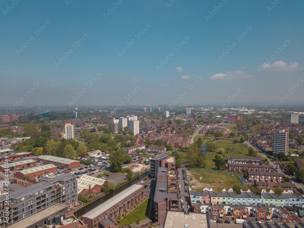 Manchester City Centre Skyline British Aerial Drone Above View Blue Sky Summer Cityscape 