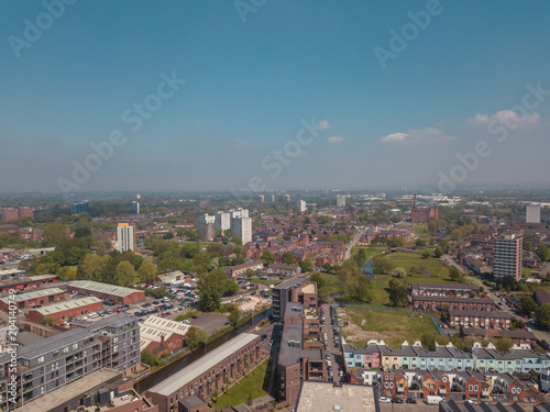 Manchester City Centre Skyline British Aerial Drone Above View Blue Sky Summer Cityscape 