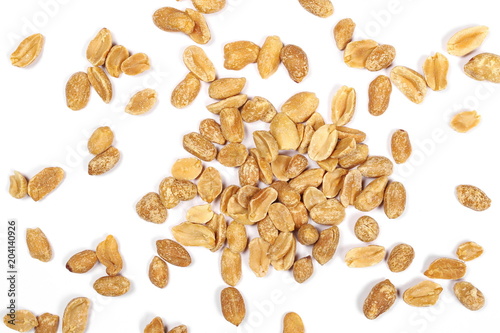 Pile salted and marinated peanuts isolated on white, top view