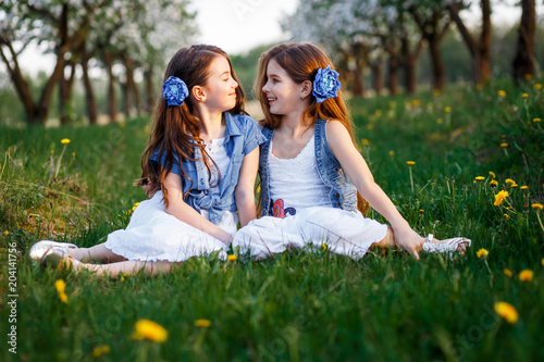 beautiful young girls in white dresses and blue flowers in teir hair in the garden with apple trees blosoming having fun at the sunset. two friends  hugging photo