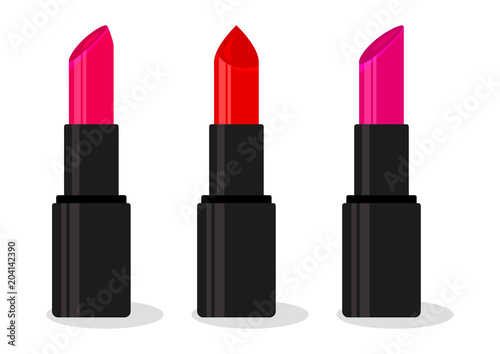 Set of colorful lipsticks. Bright pomade with shadow isolated on white background. Vector illustration
