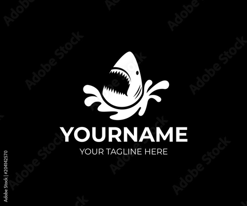 Shark jumps out of water, logo template. Marine and underwater life, fish of seas and oceans, vector design. Sea predator and wildlife of sea depths, illustration