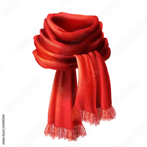 Vector 3d realistic silk red scarf. Knitted fabric cloth, alpaca wool for winter. Scarlet velvet textile, cashmere unisex knitwear isolated on white background