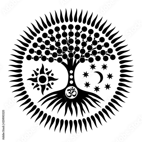 Mandala with the tree of life and the sign of Aum (ohm). Mystical symbol. The sun, the moon and the universe. Black and white graphics. Vector