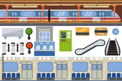Subway vector metro or underground and urban public transport in tube illustration set of station inside underpass transportation