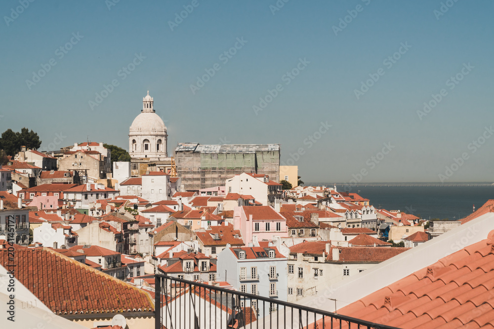 View of the building's roofs next to the port of Lisbon, Portugal.