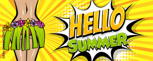Hawaii woman pop art style retro poster. Hello summer vacation tropical banner. Comic text halftone vector. Wow female body booty in bikini. Hibiscus flover hula dancer.