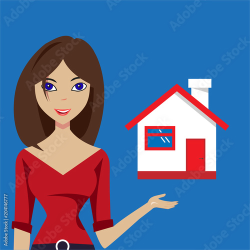 girl advertises house. concept of selling a house. sell a house. vector illustration for advertising, internet etc. photo