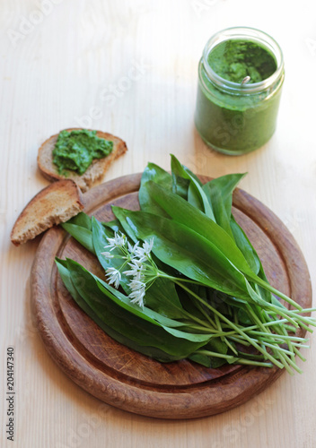 pesto made from wild garlic and fresh wild garlic leaves