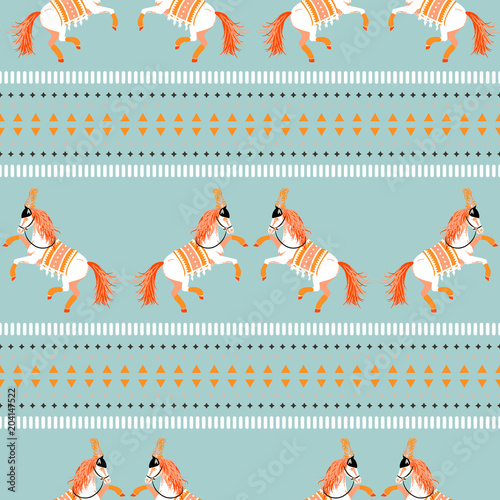 Circus horse tribal seamless vector blue pattern. White carousel horses performance.