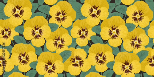 Floral border. Seamless pattern with yellow pansies and green leaves. Summer background. It can be used for websites, packing of gifts, fabrics, wallpapers. Vector illustration.