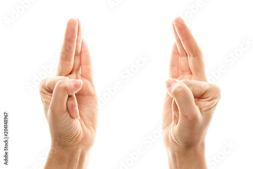 Vayu Mudra, yoga for fingers, ritual gesture in Buddhism. Isolated on white background