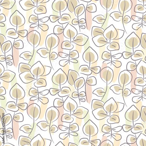 Hand drawn eucalyptus seamless vector pattern. Line sketch style repeat texture with plant branches and brush strokes pattern.