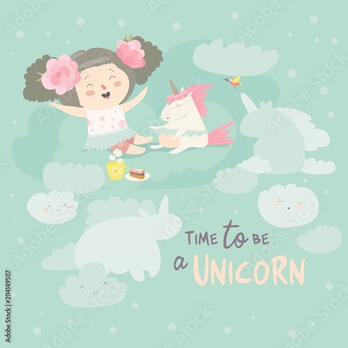 Cute girl with her little unicorn