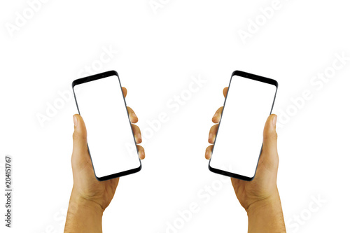 Men holding two smartphone devices with white screen on isolated background