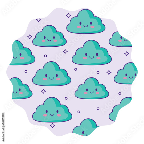 circular frame with kawaii clouds pattern over white background  colorful design. vector illustration