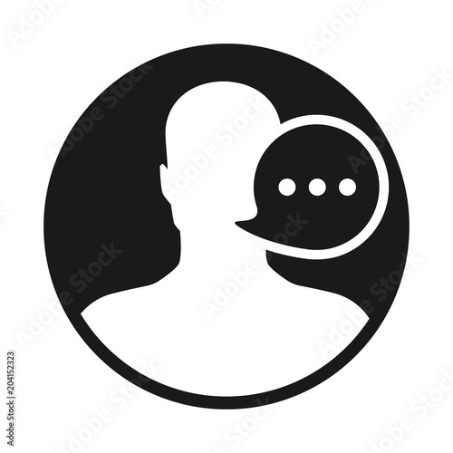 black white round icon of a talking person