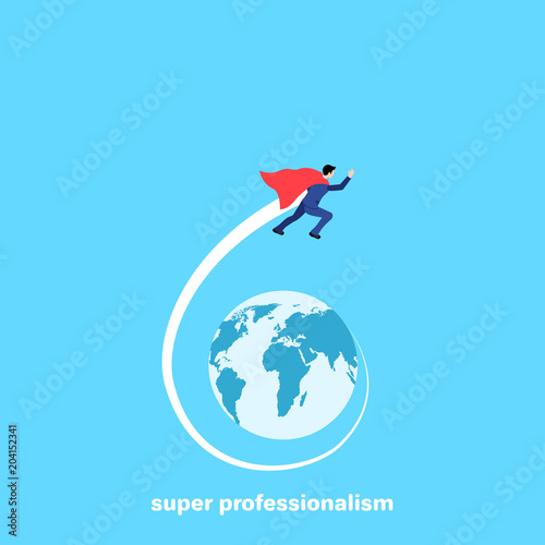 a man in a business suit and a superman's cloak flies around the globe, an isometric image
