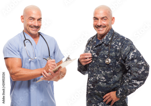 Doctor in scrubs on white background and in navy uniform.