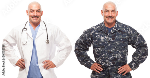 Doctor in scrubs on white background and in navy uniform.