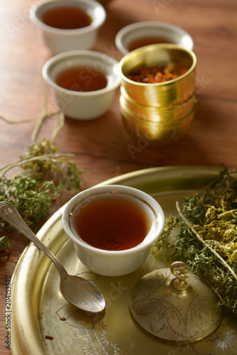 turkish tea service on wooden table