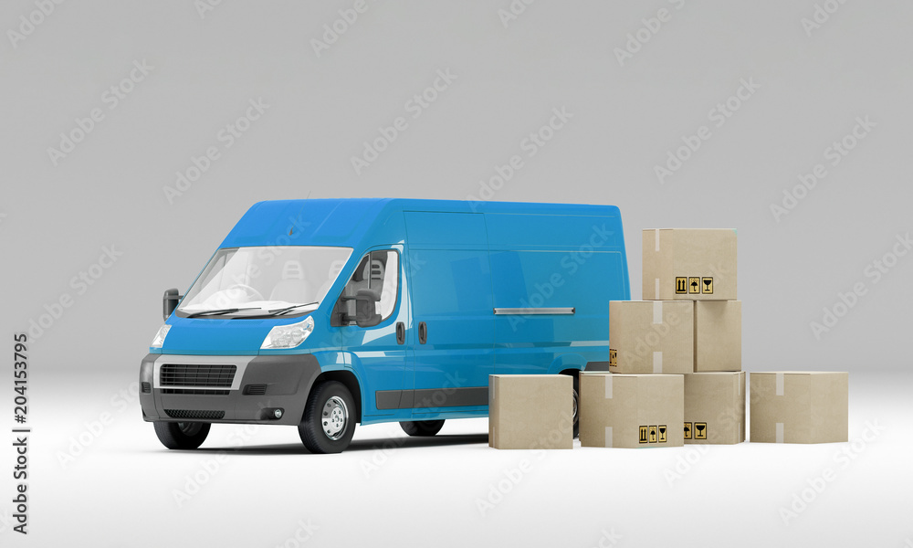 Blue delivery van with cardboard boxes fragile signs. 3d illustration. Post delivery concept Blue delivery van with cardboard boxes fragile signs. 3d illustration. Post delivery concept