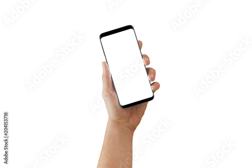 A man holds a black smartphone with round edge and isolated white display for website presentation. White background.