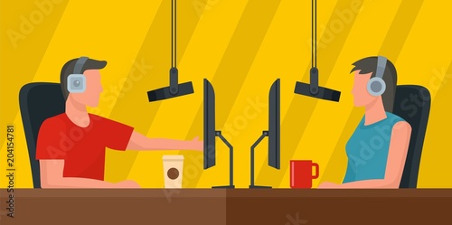 Live radio studio banner horizontal. Flat illustration of vector live radio studio banner horizontal for web design