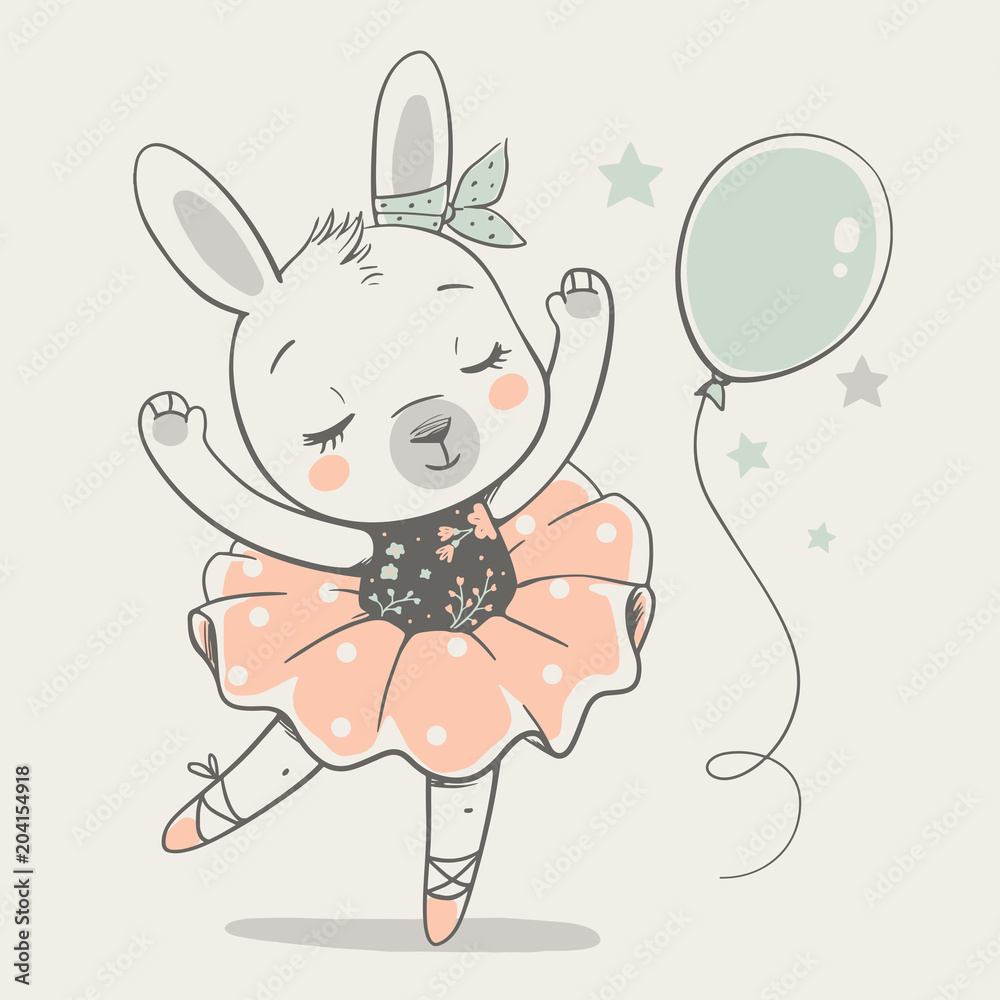 Naklejka premium Ładny taniec króliczek baleriny kreskówka ręcznie rysowane ilustracji wektorowych. Może być stosowany do nadruków na koszulkach, projektowania mody dla dzieci, powitania z okazji urodzin baby shower i karty z zaproszeniem.