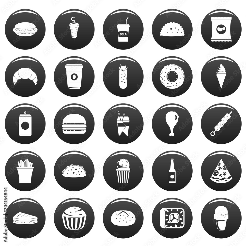 Fast food icons set. Simple illustration of 25 fast food vector icons black isolated Fast food icons set. Simple illustration of 25 fast food vector icons black isolated